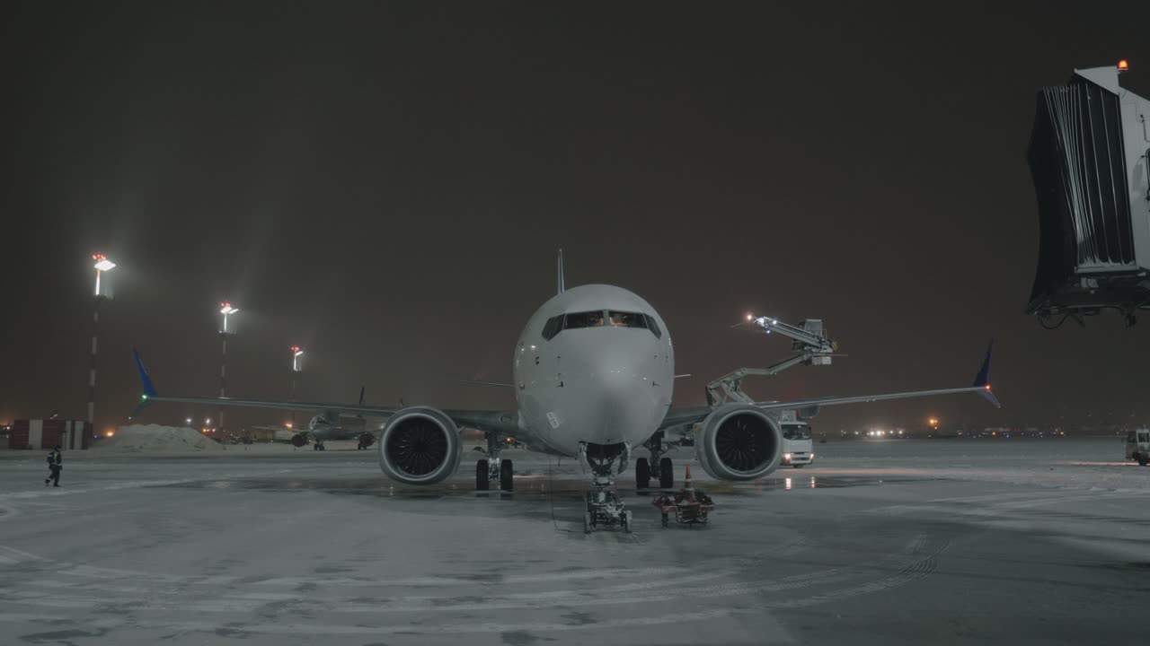 Un aereo sul piazzale di un aeroporto contro un cielo scuro