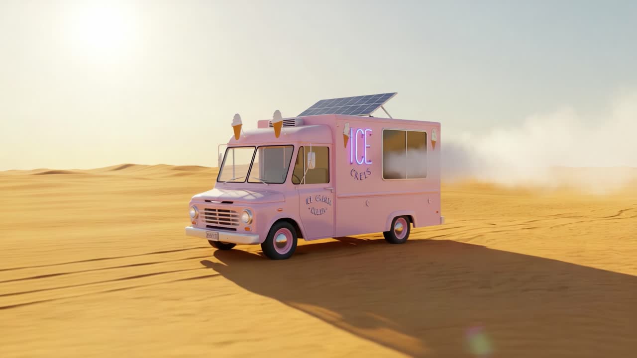 A whimsical pink ice cream truck, complete with solar panels and neon signage, traverses the vast, golden deserts, bringing joy and chilly treats to the sun-soaked sands