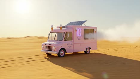 a whimsical pink ice cream truck, complete with solar panels and neon signage, traverses the vast, golden deserts, bringing joy and chilly treats to the sun-soaked sands