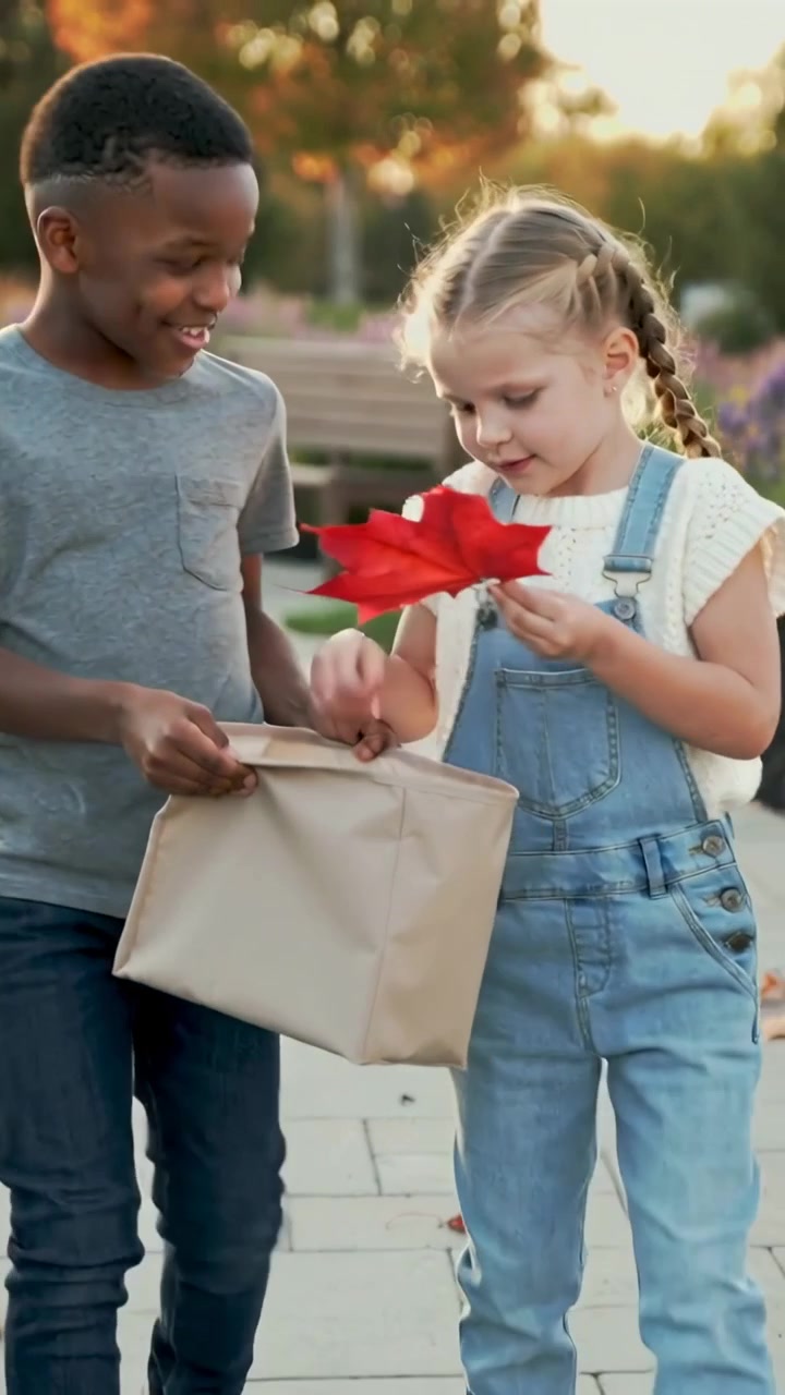 Vertical video: Holding bag, boy offering, girl in overalls pulling, inspecting red leaf in park