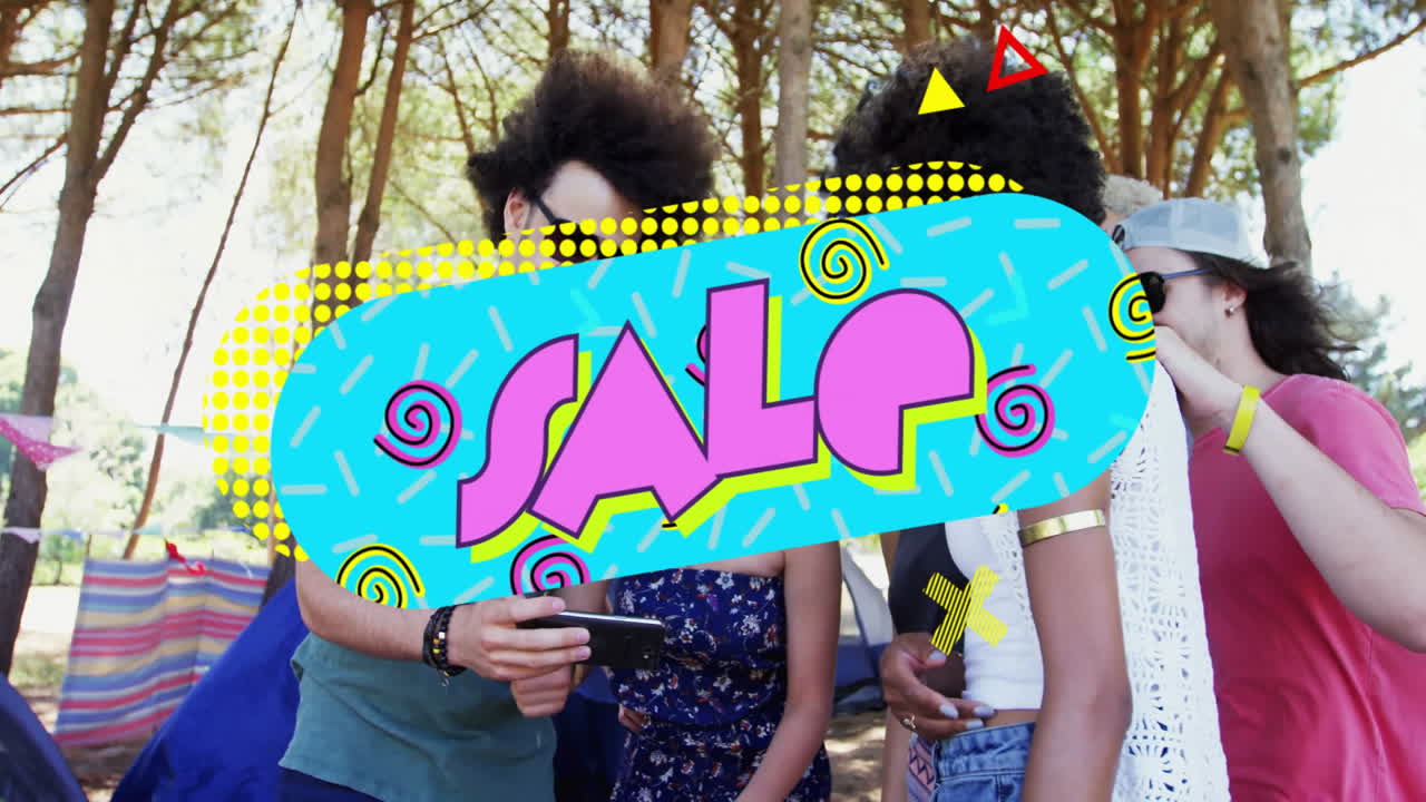 Group of friends looking at phone with colorful SALE animation overlay