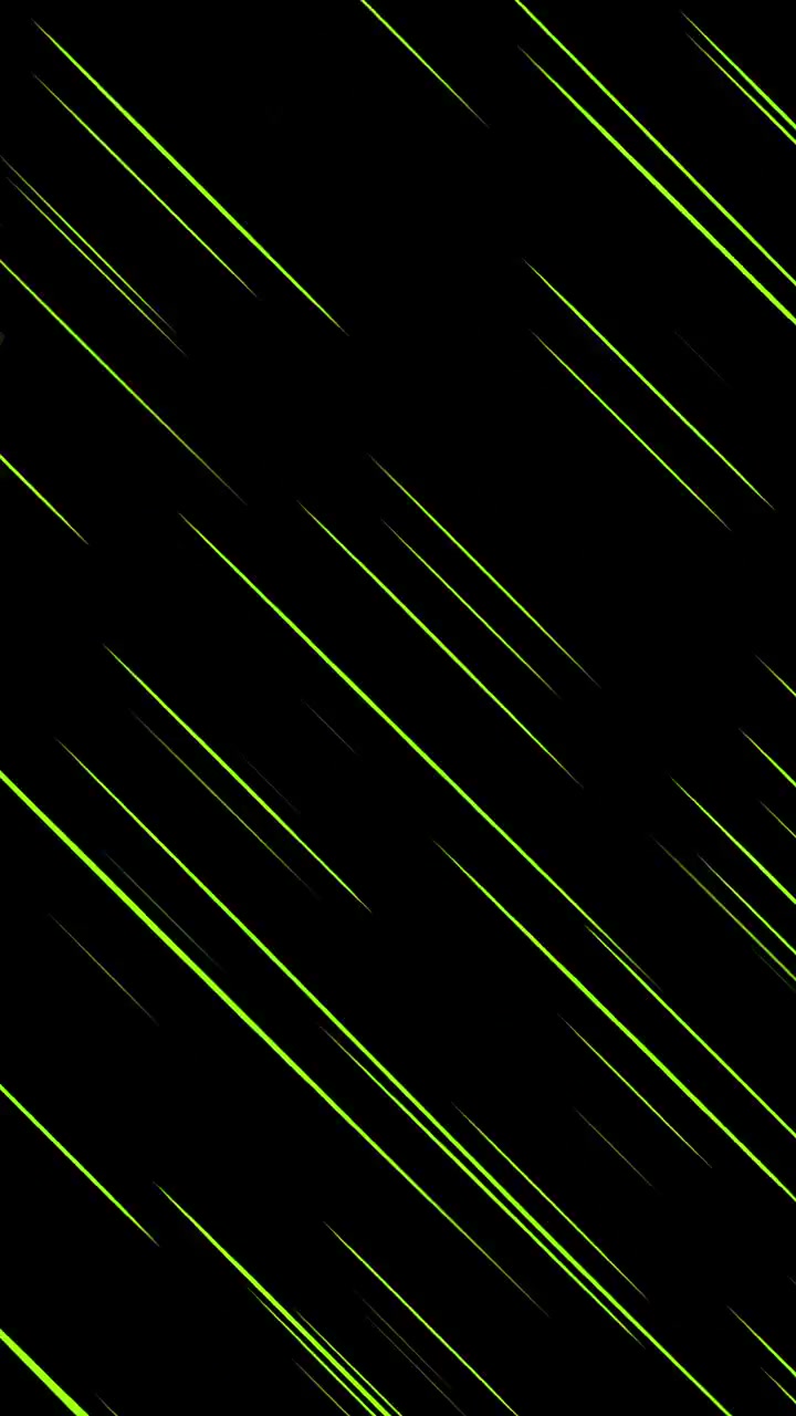 Linee di velocità anime verdi sottili e diagonali, in movimento rapido su sfondo nero, loop continuo, formato verticale.