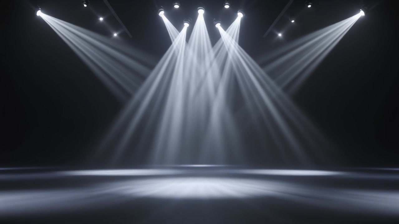 Empty Stage with Bright White Spotlights in Dark Studio