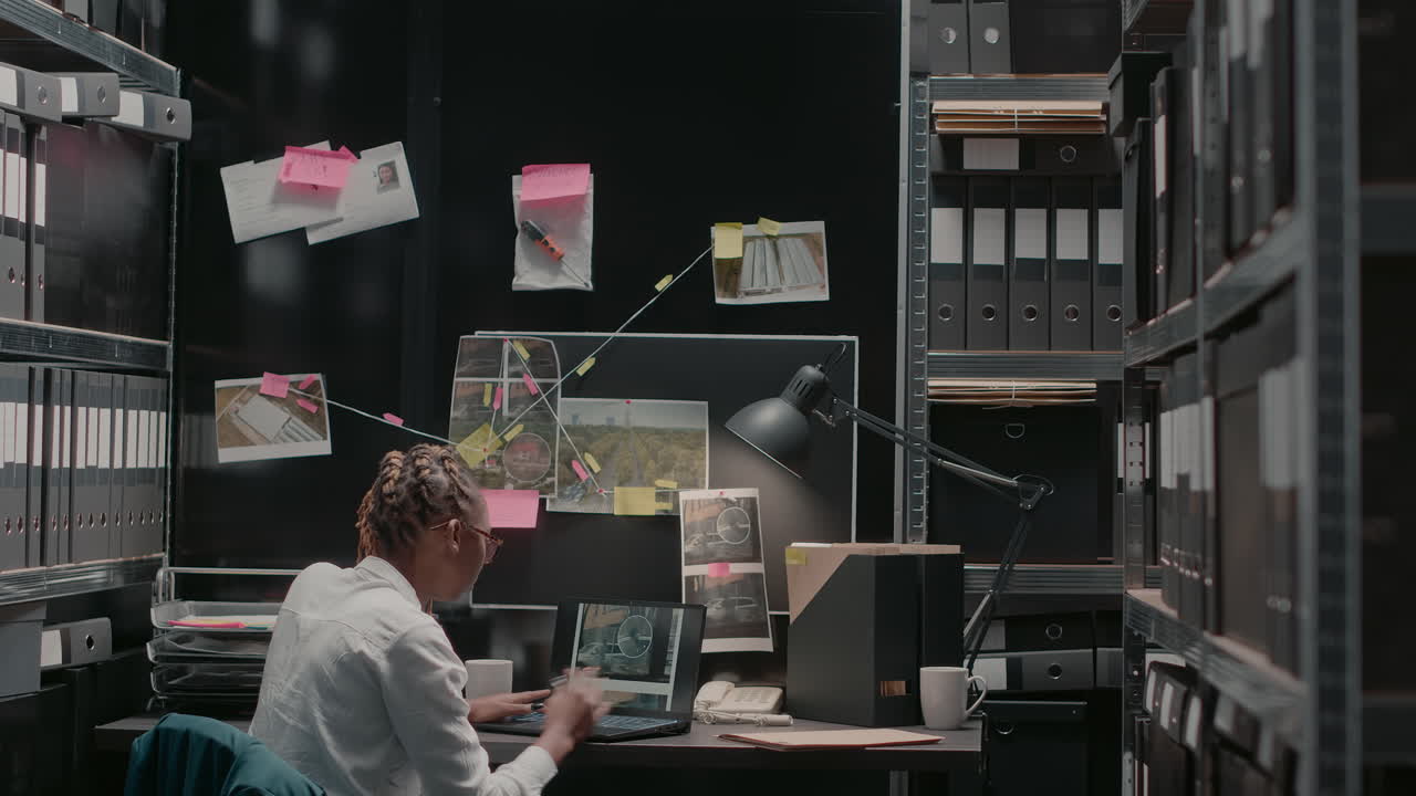 Detectives working on an investigation in a cluttered office