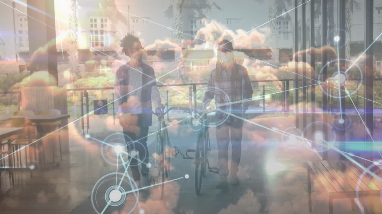 구름 위의 연결망의 애니메이션과 자전거를 타는 아프리카계 미국인