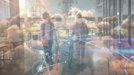 animation of network of connections over clouds and african american men with bikes