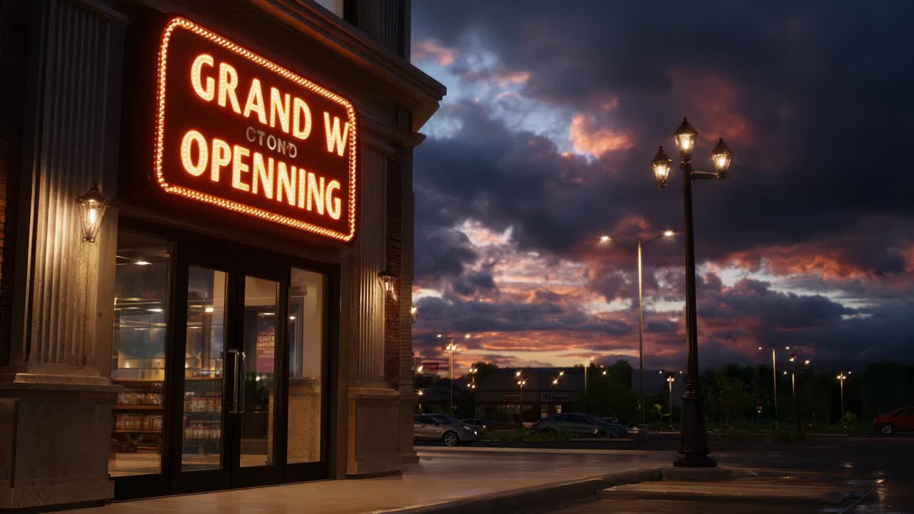 The Grand Opening Celebration of a New Establishment Featuring an Eye-Catching Neon Sign Against a Dramatic Sunset Sky, Signifying a New Beginning and Exciting Opportunities for Shoppers and Visitors Alike