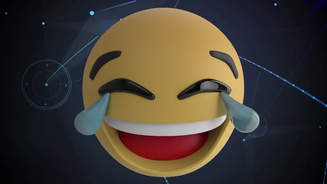 Animation of changing emojis over network of connections and lights moving on dark background