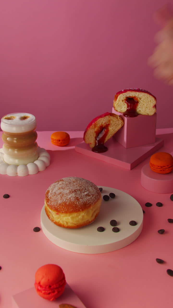 A female hand snaps fingers, triggering a visual transition where a chocolate-covered Berliner donut changes instantly into sugar-coated one. Shot in a playful pink dessert setup with macarons, coffee
