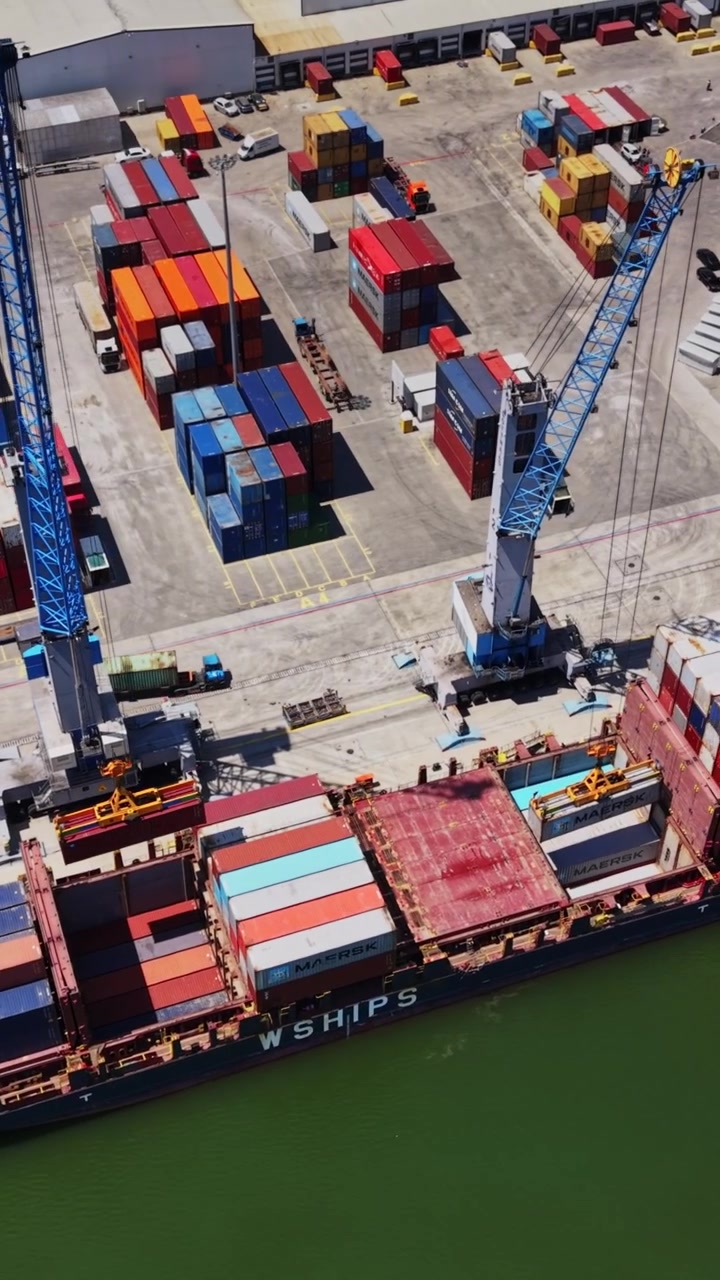 Cargo ships load containers at a busy shipping port in midday