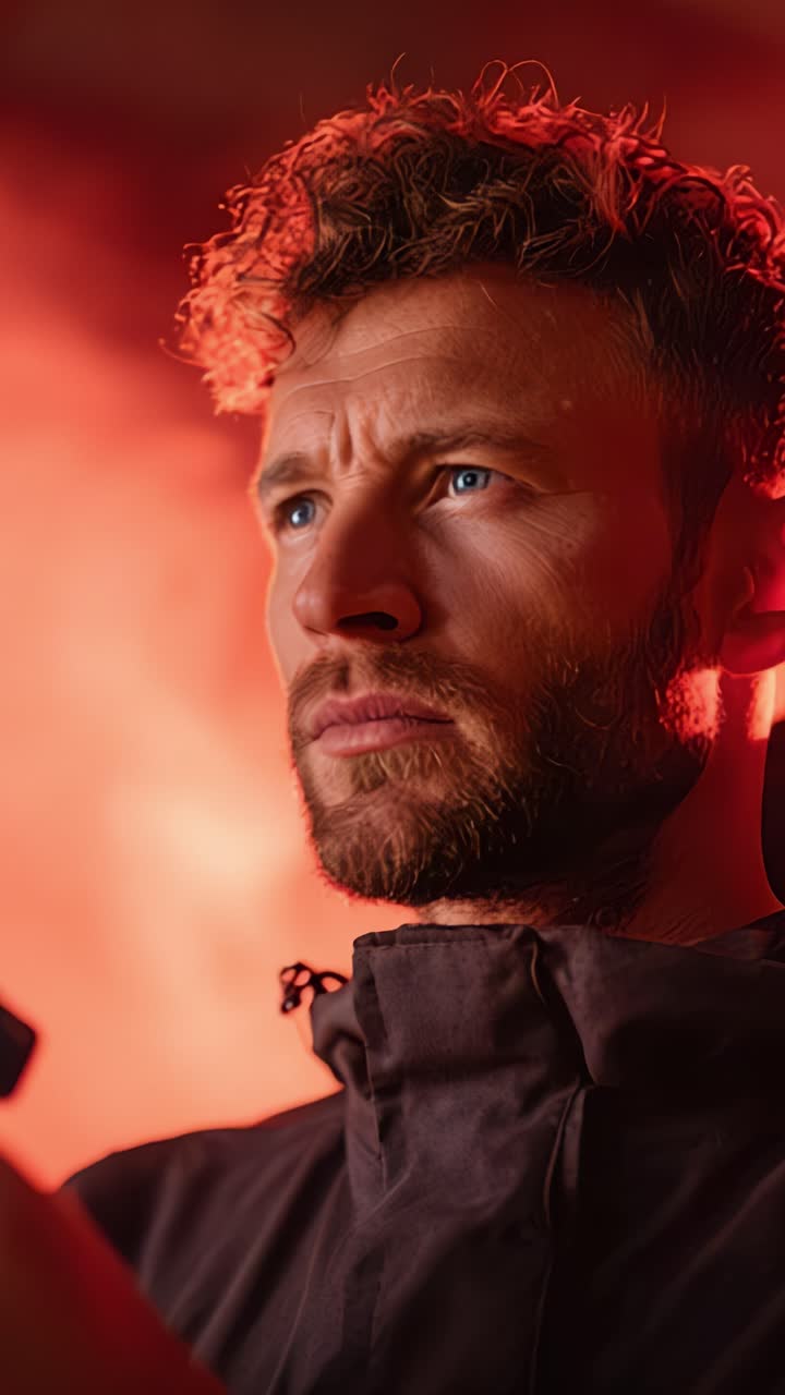 Retrato dramático de um indivíduo contemplativo sob luz vermelha suave, capturando emoção e intensidade em um estilo cinematográfico, perfeito para narrativas visuais e arte