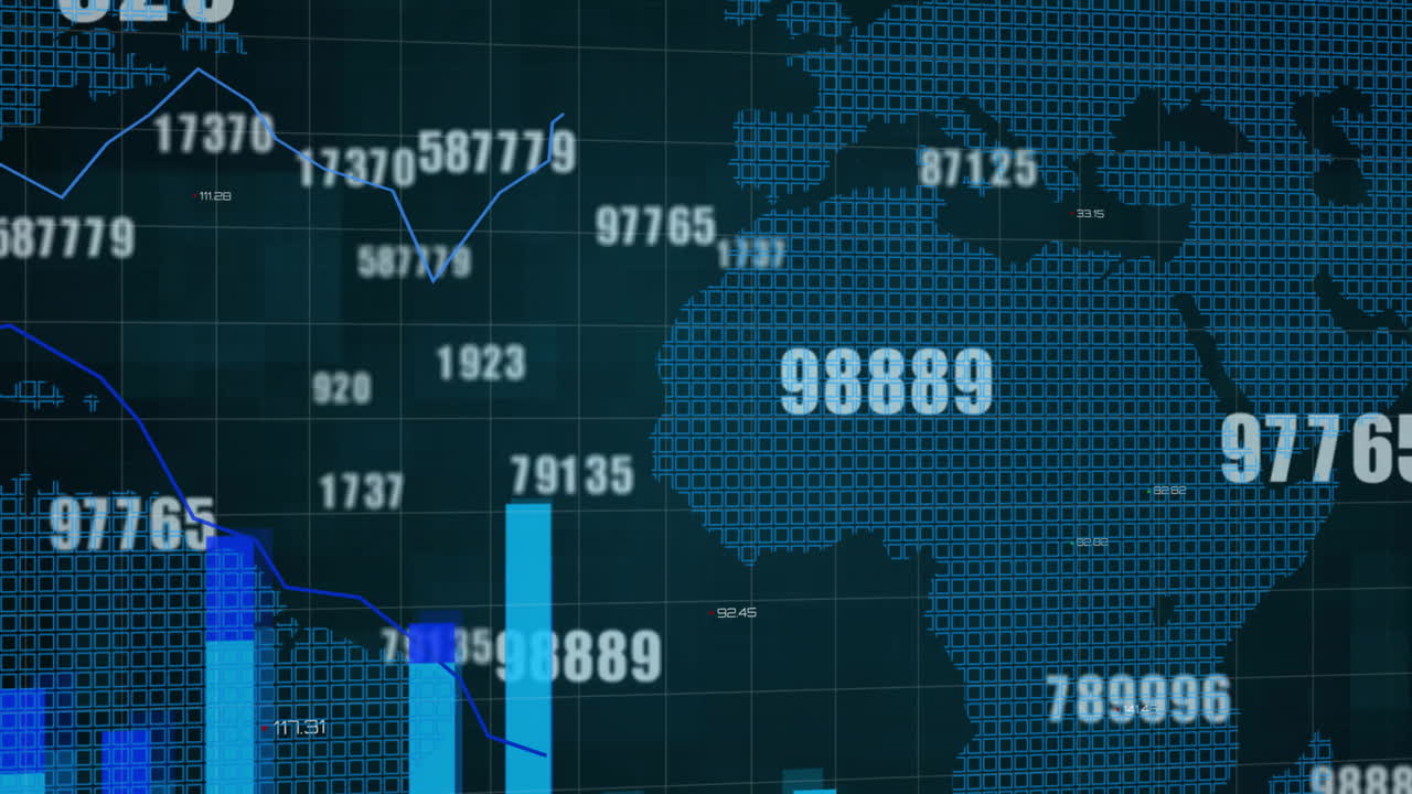 animación del procesamiento de datos financieros sobre el mapa del mundo en fondo negro