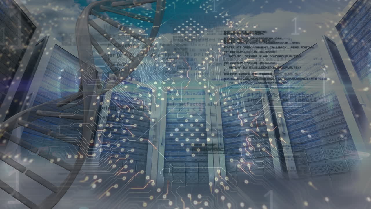 서버  ⁇ 을 통해 데이터 처리를 하는 dna 스트랜드와 컴퓨터 회로판의 애니메이션