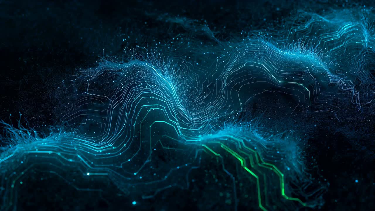 Shifting glowing contour ridges moving across deep void, driven by pulse, emitting specks