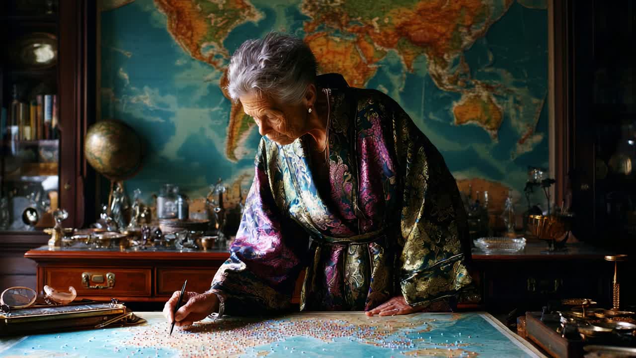 An elderly woman in a colorful robe meticulously explores and marks a world map, surrounded by antiques and artifacts that evoke a sense of adventure and exploration from a bygone era