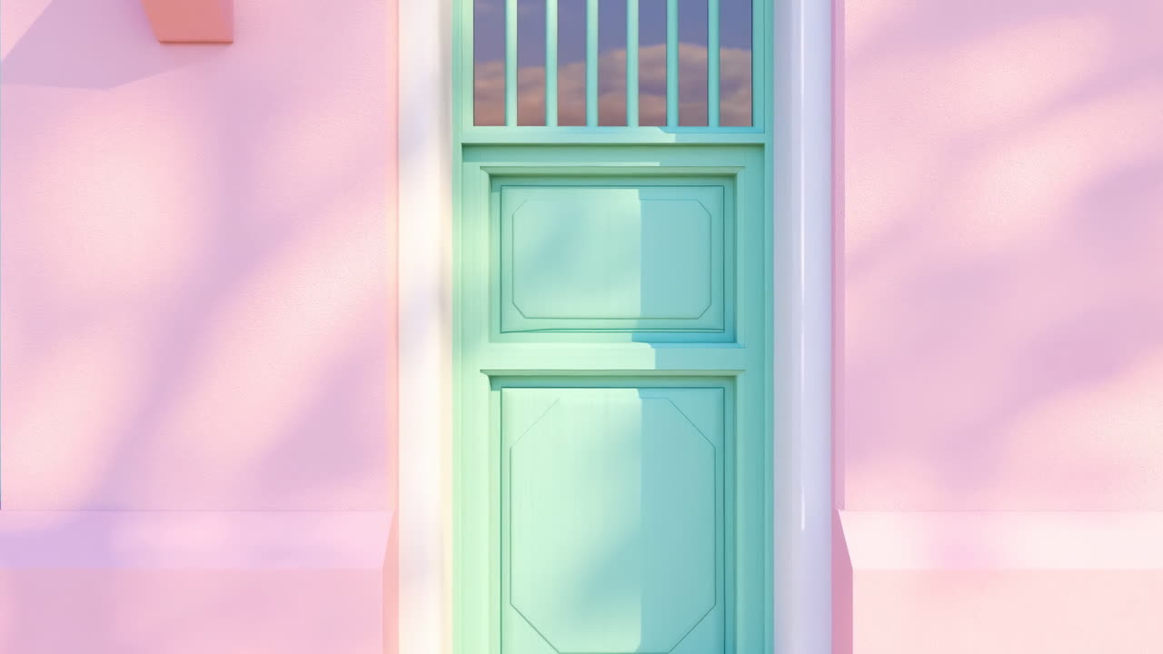 Fachada Rosa Pastel com Porta Menta, Sombras Iluminadas pelo Sol Brincando na Parede Texturizada. Entrada Vintage Sonhadora Evoca