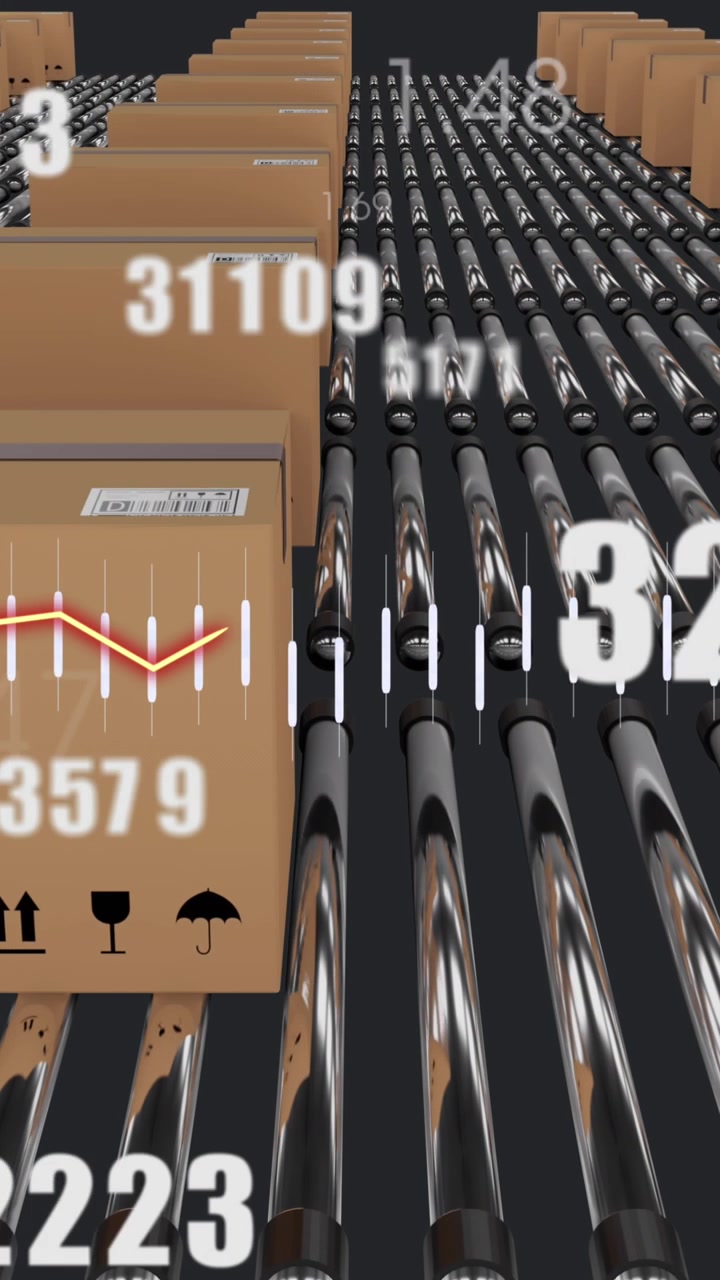 Animation of financial data processing over boxes on conveyor belts