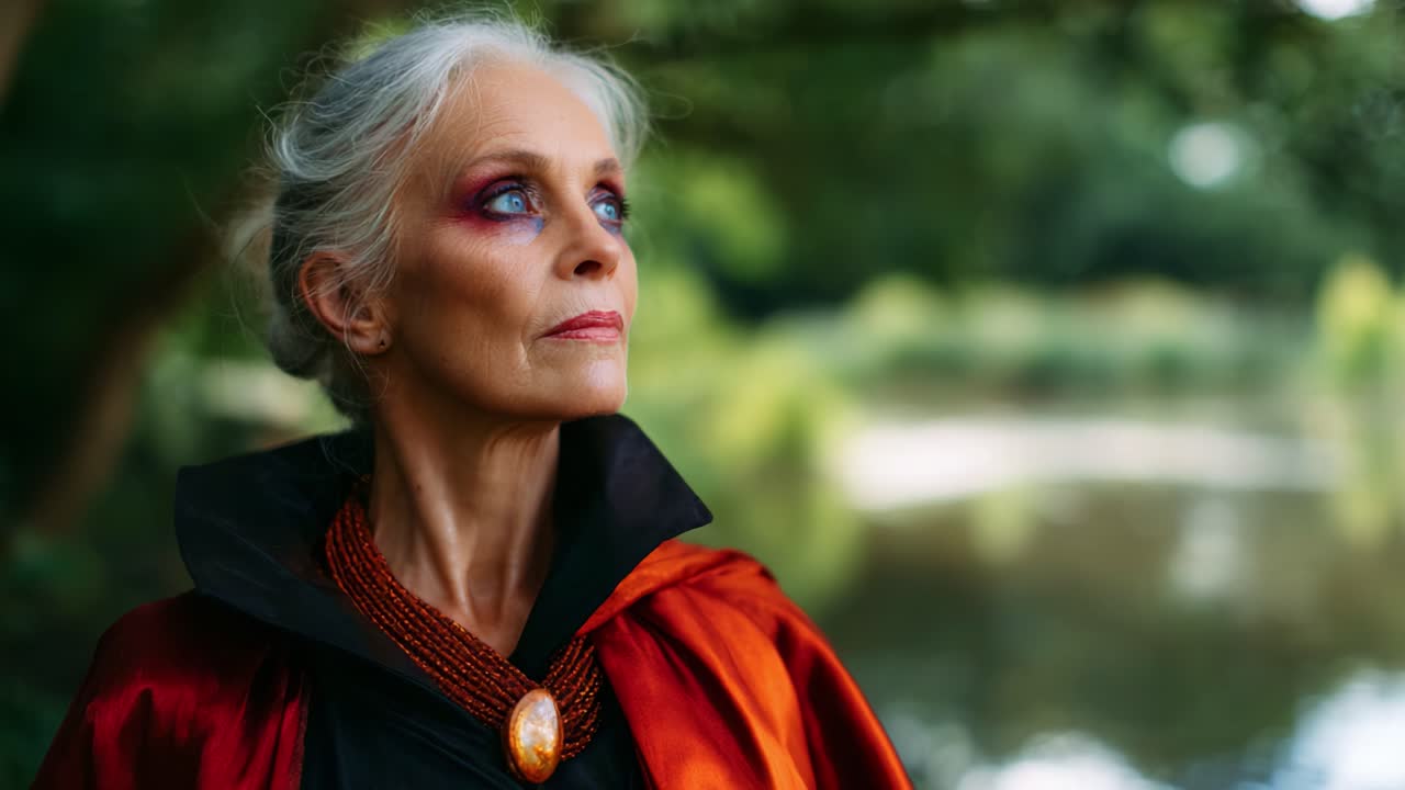 A Mysterious Elderly Woman Wearing an Elegant Red Cloak Looks Thoughtfully into the Distance Amidst a Nature-Infused Background by a Serene Waterbody