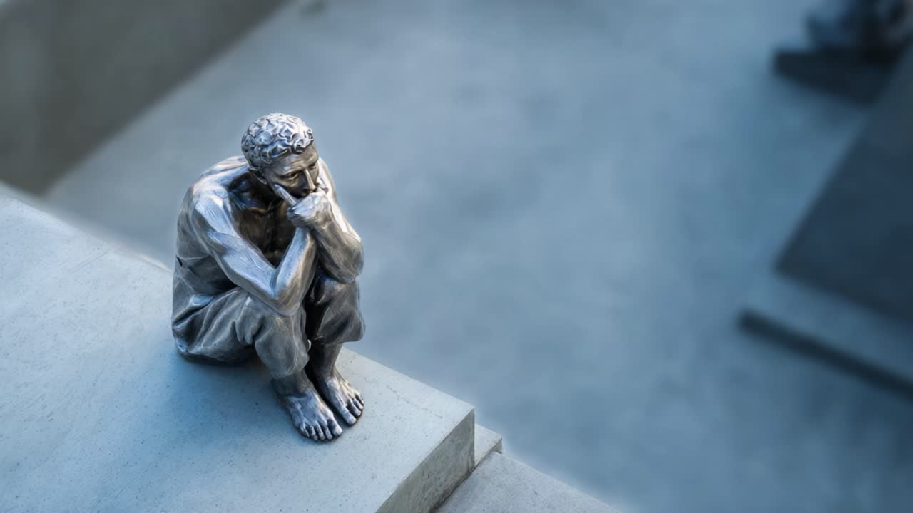 Contemplative Bronze Sculpture Reflecting Human Emotion and Thoughtfulness in a Minimalist Urban Environment with Soft, Natural Lighting