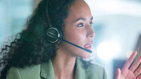 advice, call center and night with woman in office