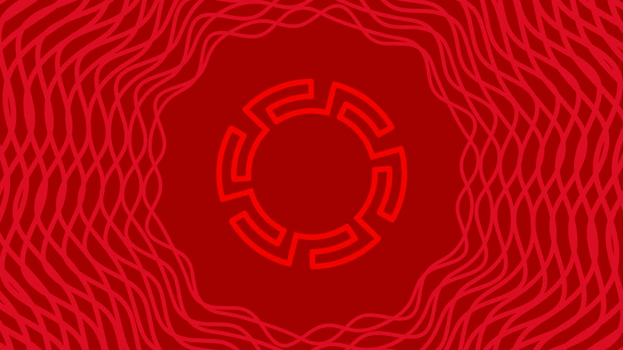 objeto gráfico que gira en el centro, aumentando y luego reduciendo el tamaño dentro de un marco gráfico, mientras que el fondo cambia rápidamente de color creando un efecto psicodélico, en formato de video 16: 9