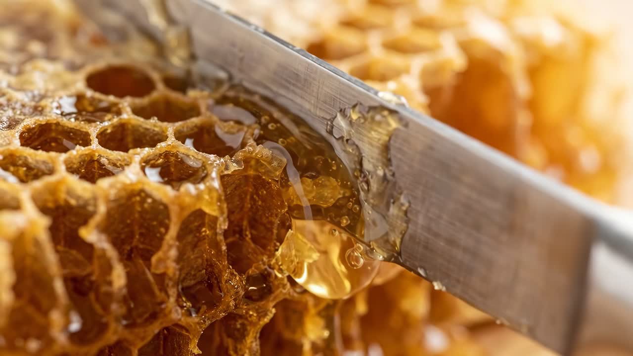 Primo piano di un coltello che affetta un favo d'oro con miele che cola