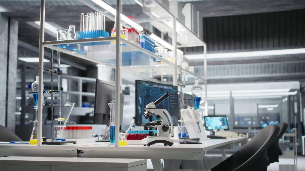 Vertical video Computer in biotechnology laboratory showing molecular model and microscope