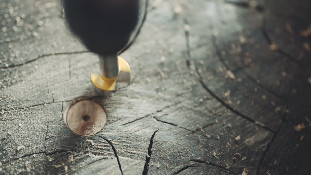 Drill Machine Drilling Hole In Wood