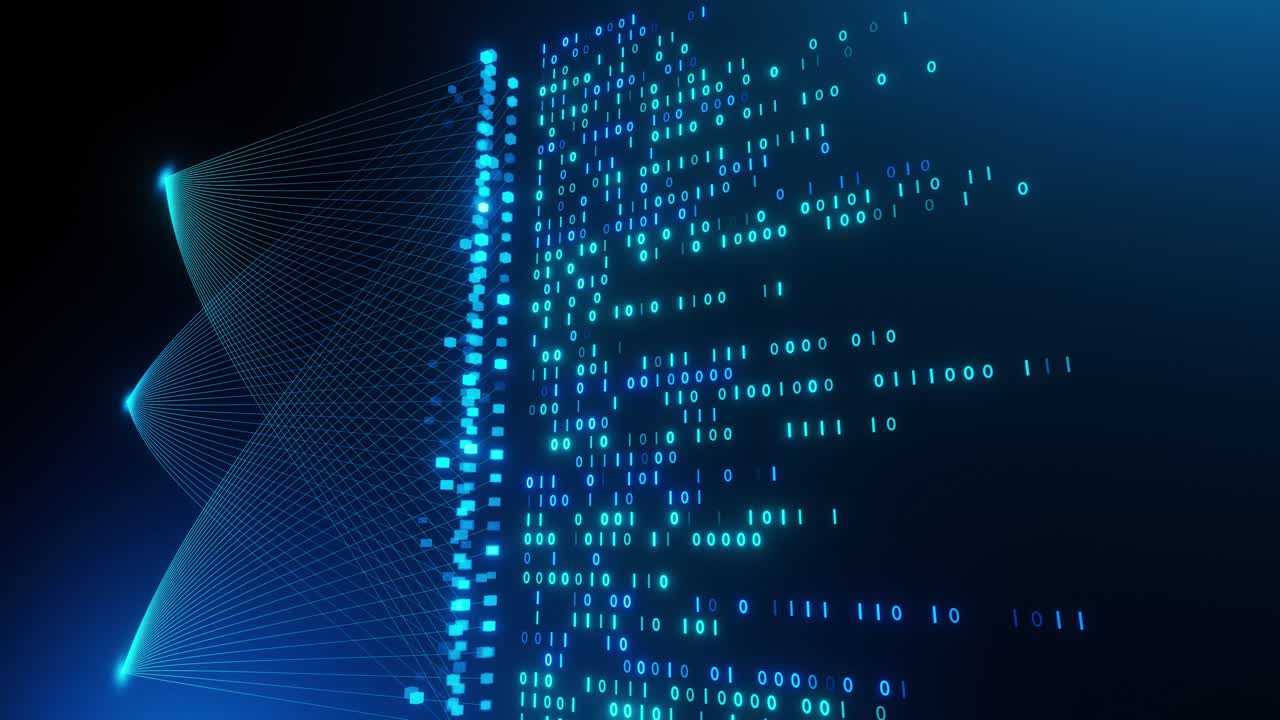 Big data technology - data flow concept - neural network animation for artificial intelligence - endless loop - 3d rendering