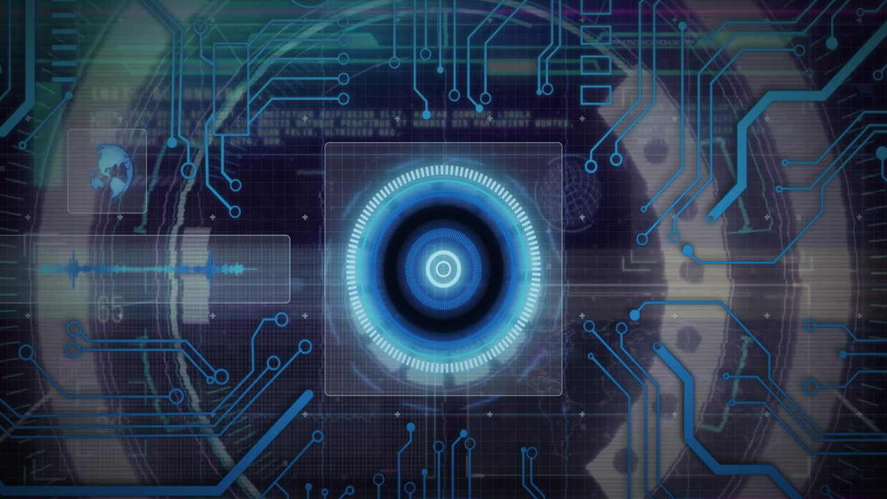 Animation of data processing with scope scanning on black background
