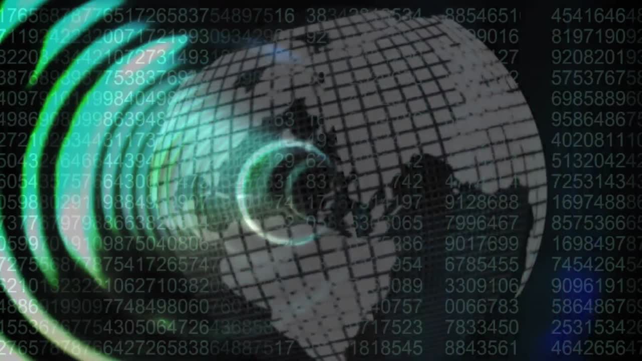 검은색 배경에 회전하는 지구상에서 움직이는 원의 애니메이션