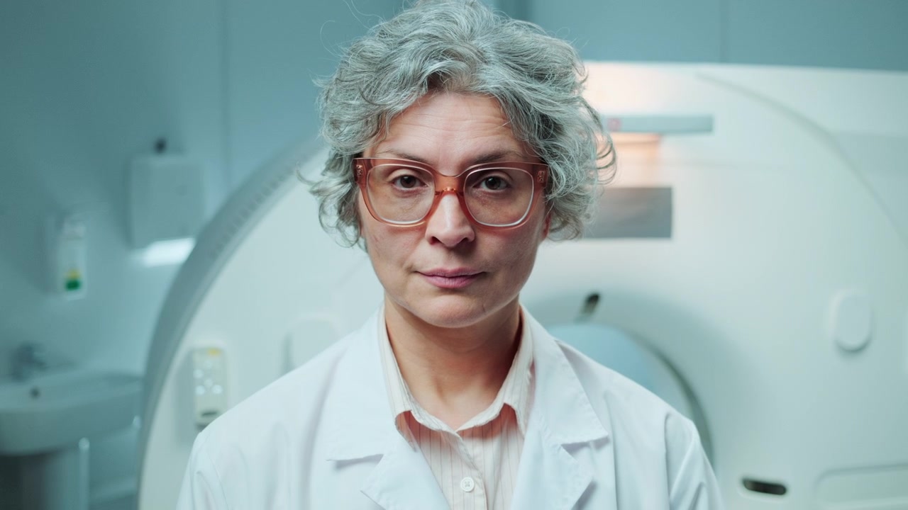 Ritratto di radiologa sicura di sé davanti a uno scanner TAC in clinica.