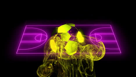 animación de una red de partículas amarillas y fútbol sobre una cancha de baloncesto de neón púrpura en negro