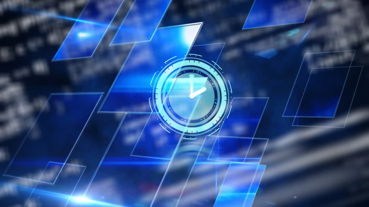 Animation of moving clock and data processing over blue shapes on black background