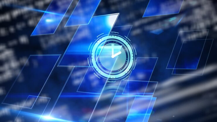 Animation of moving clock and data processing over blue shapes on black background