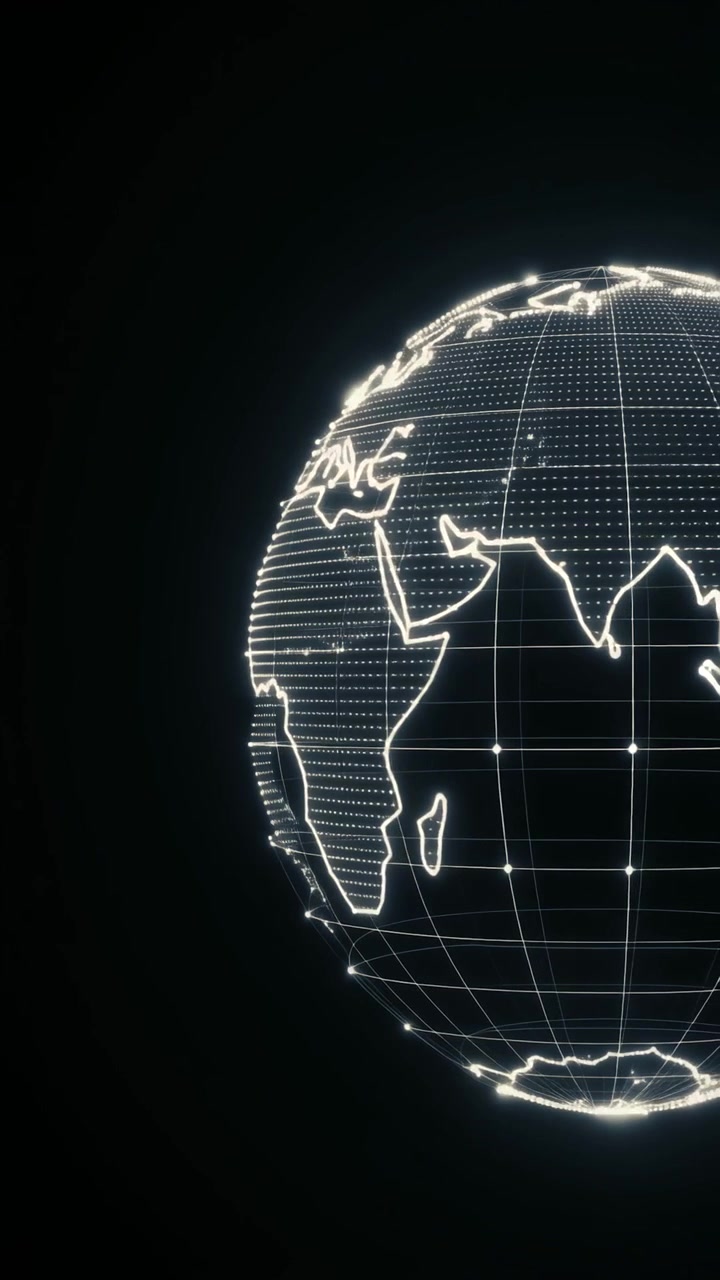 Rotating Digital Wireframe Globe on Black Background