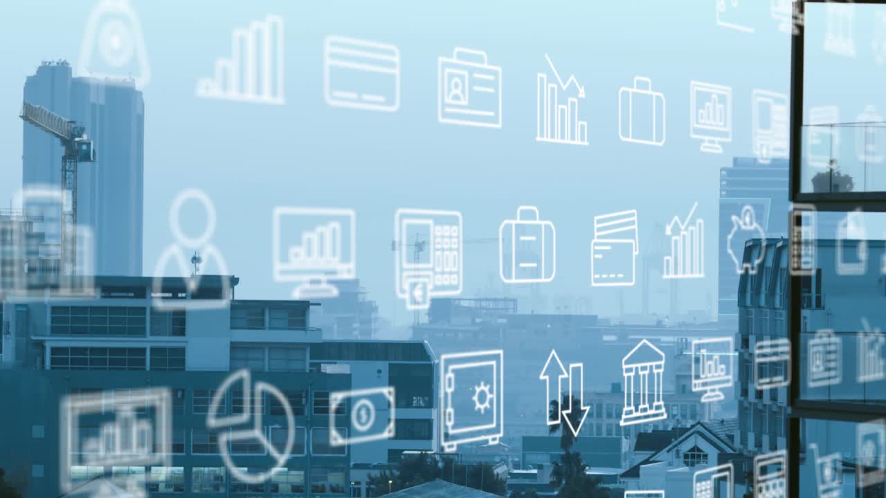 On start white finance icon grid sliding right, down, shifting opacity to show market trends