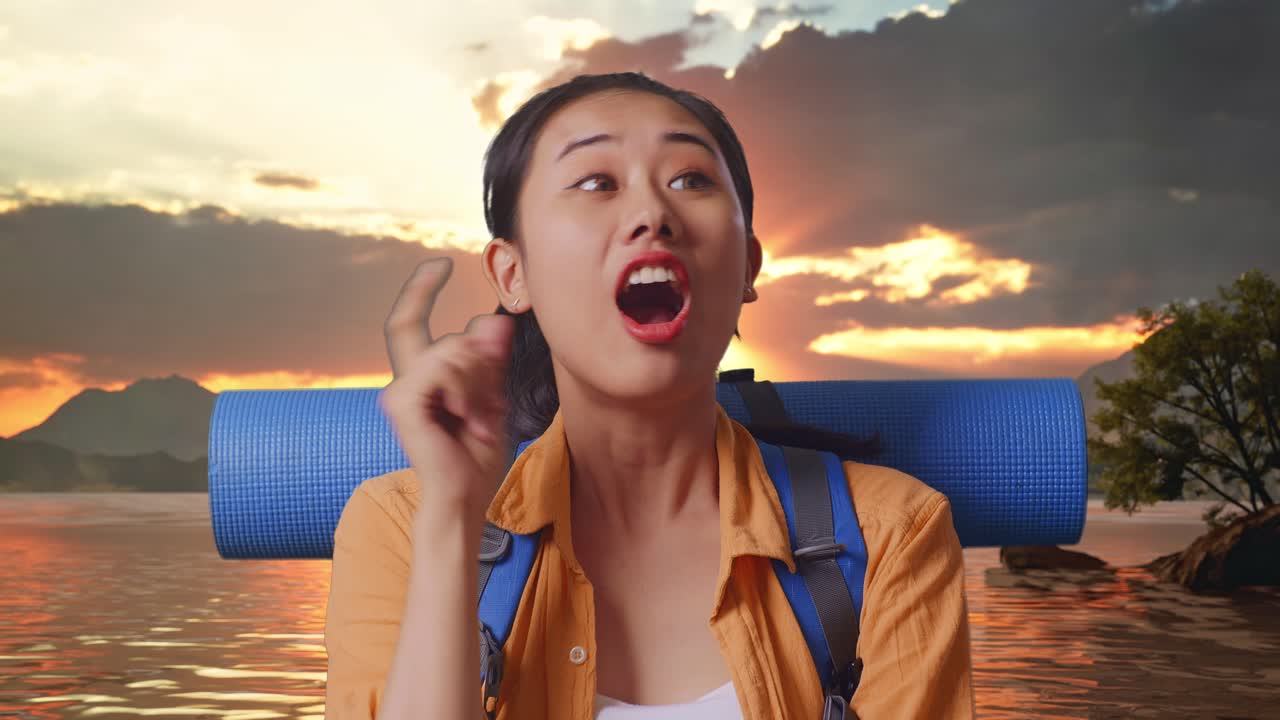 Close Up Of Asian Female Hiker With Mountaineering Backpack Thinking About Something And Looking Around Then Raising Her Index Finger While Standing At A Lake During Sunset Time