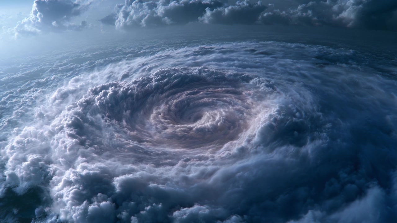 Luftfoto af en massiv cyklon, der viser et dramatisk hvirvlende mønster af mørke skyer og atmosfæriske fænomener fanget fra et unikt perspektiv