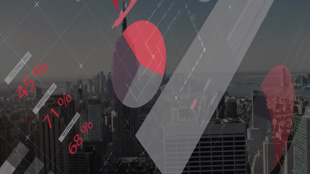 Animation of financial data over cityscape