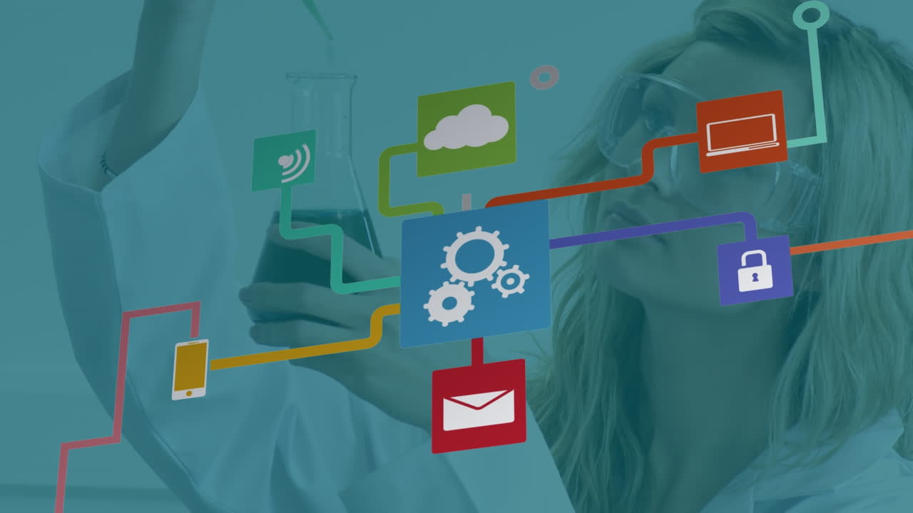 animación de iconos de la tecnología sobre una trabajadora de laboratorio caucásica