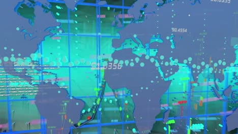 Animation-of-financial-data-processing-over-world-map-against-blue-background
