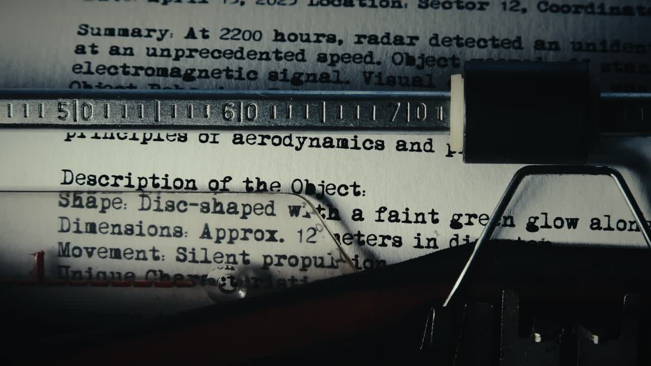 Scrolling text on typewriter reveals UFO encounter report CLOSE-UP