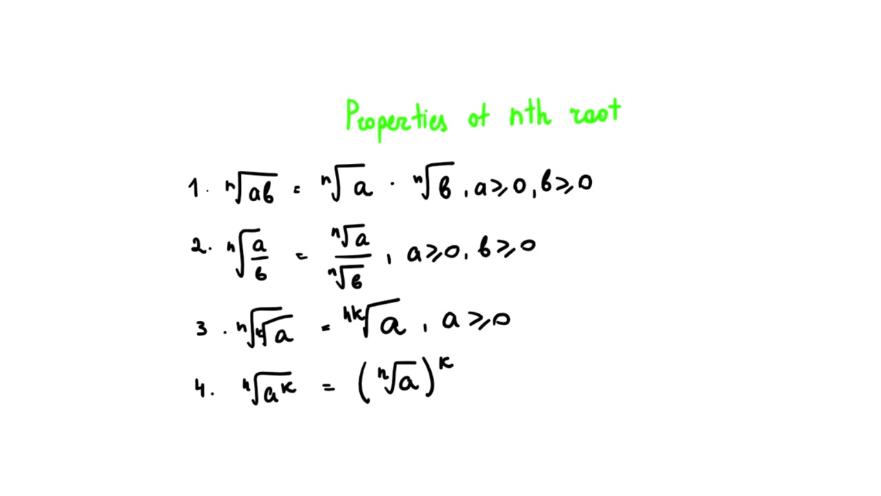 Algebra. Properties of nth root. On a white background.
