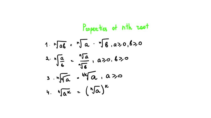Algebra. Properties of nth root. On a white background.