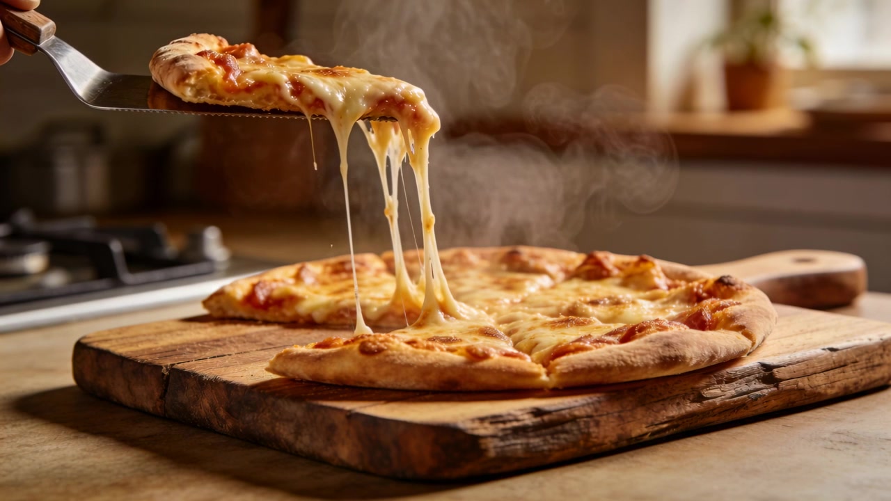 Una spatola scivola sotto una fetta, mentre una mano sinistra solleva una fetta di pizza al formaggio dal piano di lavoro della cucina per servirla.