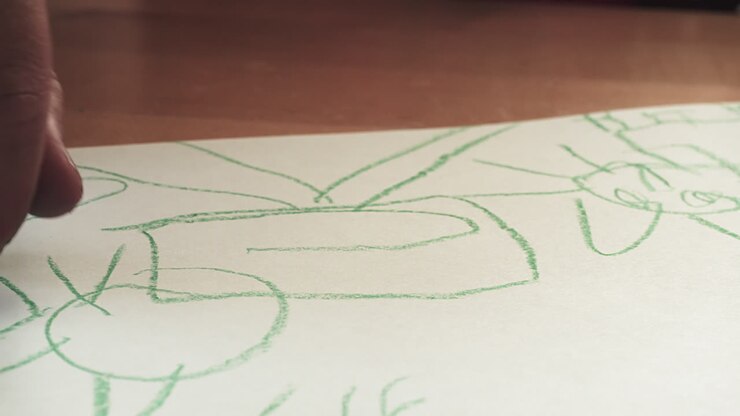 A child draws an animal with a green crayon while the camera tracks left