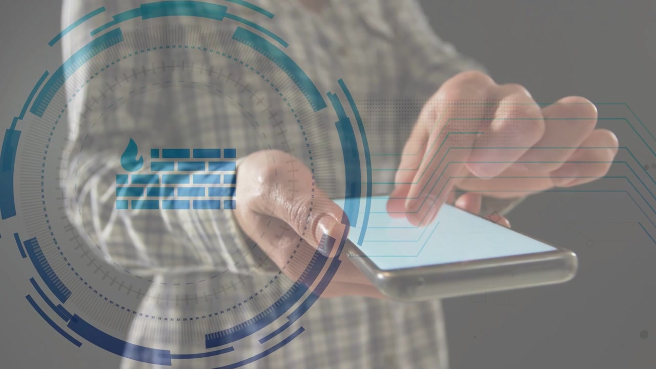 Man holding phone, tapping swiping, animating blue HUD rings, brick icon around phone for tech demo