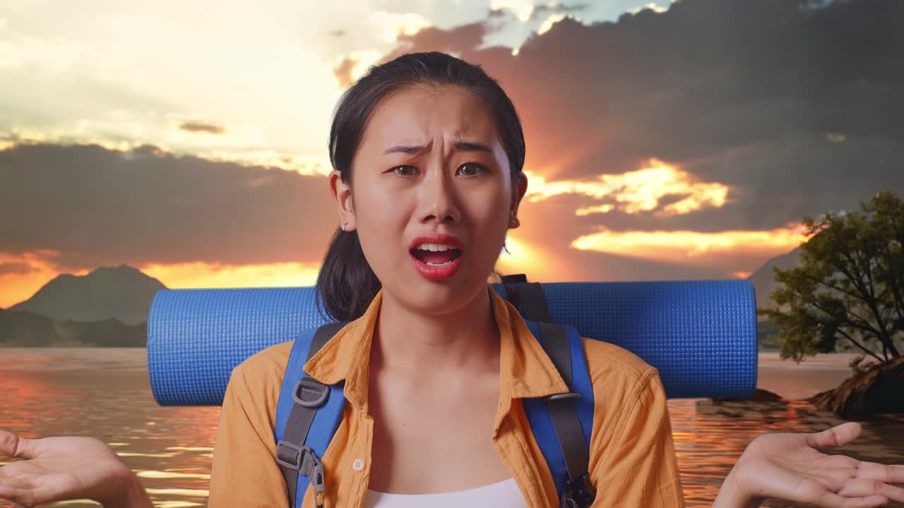 Close Up Of Puzzled Asian Female Hiker With Mountaineering Backpack Making Gestures Doubtfully And Saying Why While Standing At A Lake During Sunset Time