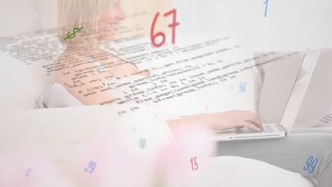 Digital-composition-of-multiple-numbers-and-symbols-against-woman-using-laptop